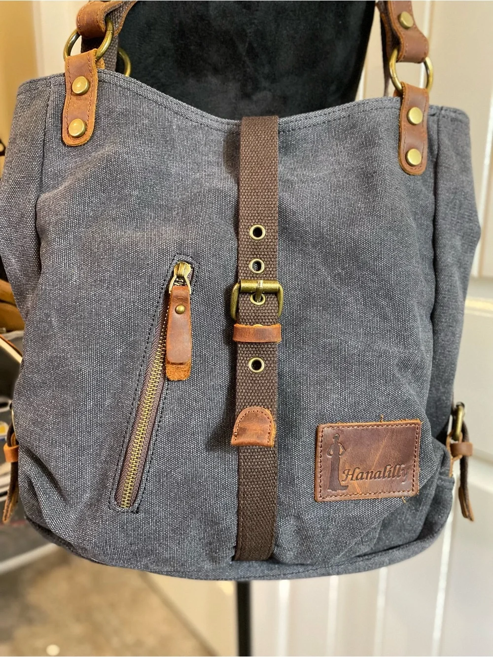 Gray Canvas Messenger Bag with Brown Leather Trim